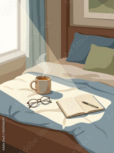 Cozy bed with cup of tea, glasses, and notebook in sunlight  
