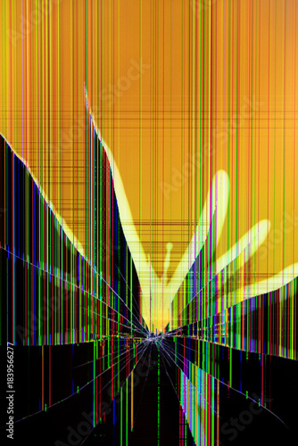 Broken display with vibrant pixel lines and radiating cracks, symbolizing technology failure, digital breakdown, device malfunction, or urgent repair