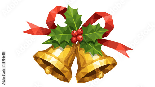 Festive golden bells with holly and red ribbon, perfect for holiday celebrations