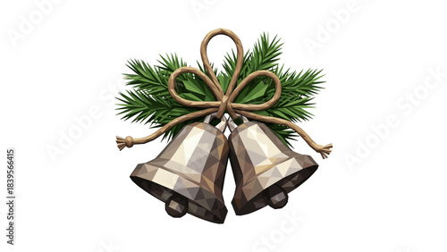 Festive Christmas bells with evergreen and rope bow on a white background