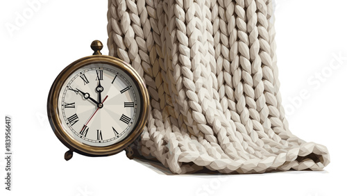 Vintage clock with roman numerals next to a cozy, chunky knit blanket