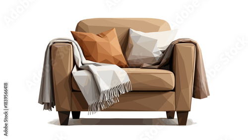 Geometric armchair with pillows and blanket on a white background
