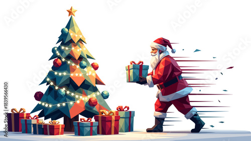 Santa Claus delivering gifts near a decorated Christmas tree