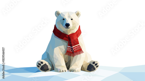 Low poly polar bear wearing a red scarf, sitting on a snowy surface