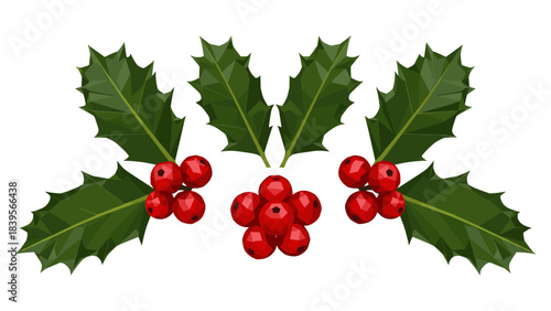 Low poly illustration of Christmas holly with red berries on a white background
