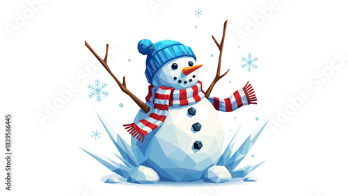 Cute cartoon snowman with blue hat and scarf on a winter background