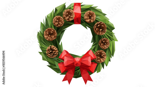 Geometric Christmas wreath with pinecones and a red bow on a white background