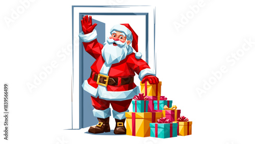 Santa Claus waving from a doorway with a pile of colorful Christmas gifts