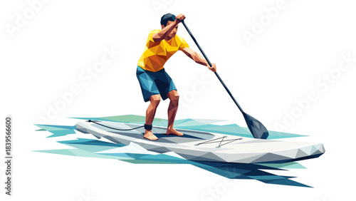 Geometric illustration of a man paddleboarding on a calm body of water