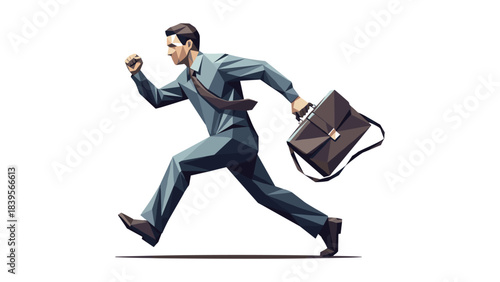 Businessman running with briefcase, stylized illustration on white background