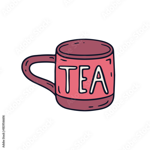 Hand drawn hygge doodle pink ceramic mug icon with text Tea vector illustration. Cozy home decor clipart