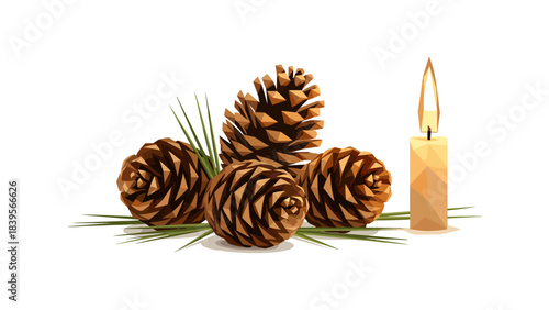 Low poly illustration of pine cones and a lit candle on a white background