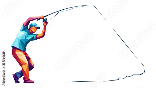 Geometric illustration of a fisherman casting a line against a white background