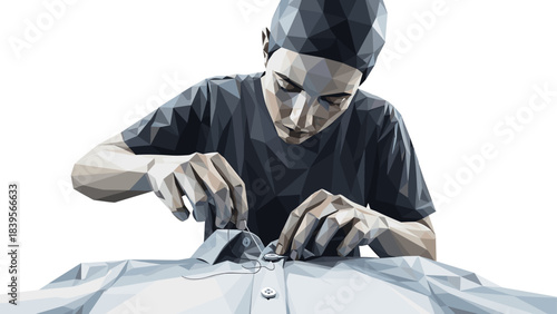 Abstract illustration of a person sewing a button on a shirt