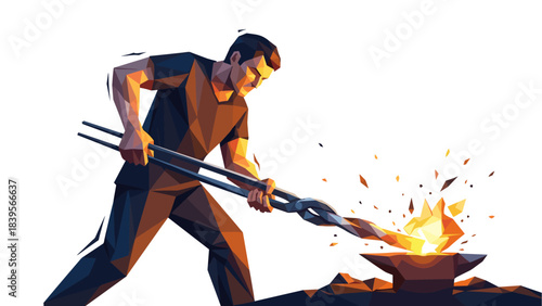 Blacksmith forging metal on an anvil with fire and sparks, vector illustration