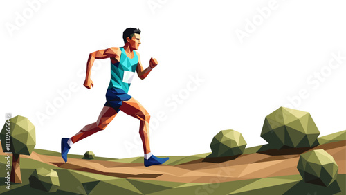 Geometric illustration of a runner in motion on a trail