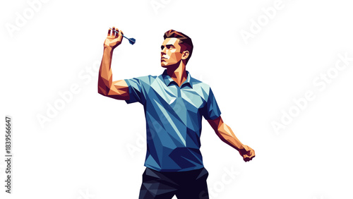 Man throwing a dart in a geometric, low-poly style against a white background