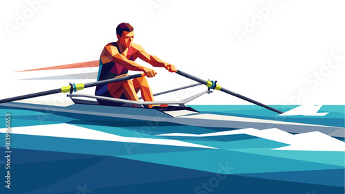 Geometric illustration of a rower on the water, a sport of strength and endurance