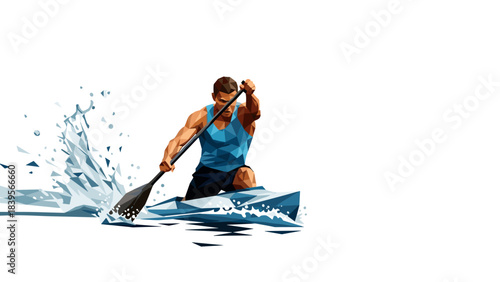 Geometric illustration of a kayaker paddling through water with a white background