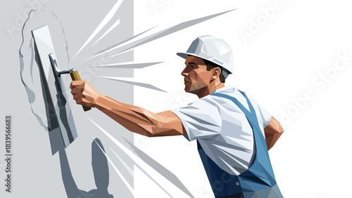 Construction worker applying plaster to a wall with a trowel, vector illustration