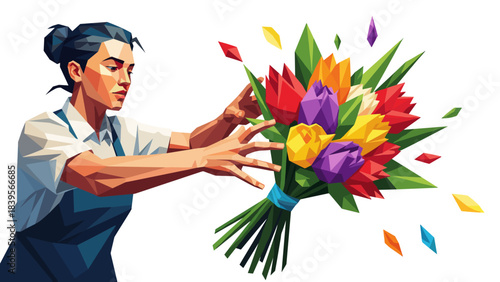 Woman arranging a colorful tulip bouquet with geometric art style