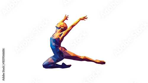 Geometric dancer in mid-air, colorful low poly illustration on white background