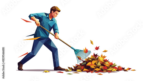 Man raking autumn leaves into a pile, fall season yard work concept