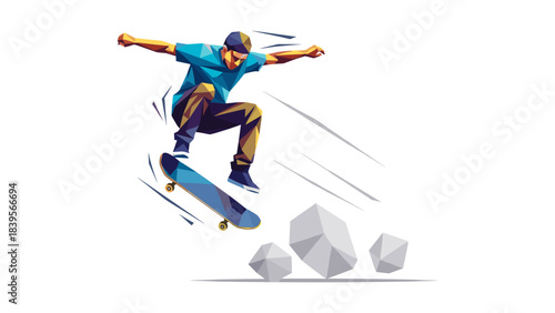 Geometric illustration of a skateboarder performing a trick with rocks