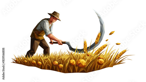 Farmer harvesting wheat with a scythe in a low-poly geometric illustration