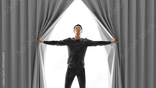Man opening curtains to reveal bright light, low poly illustration