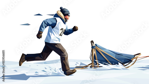 Abstract illustration of a musher running with a dog sled on a snowy landscape