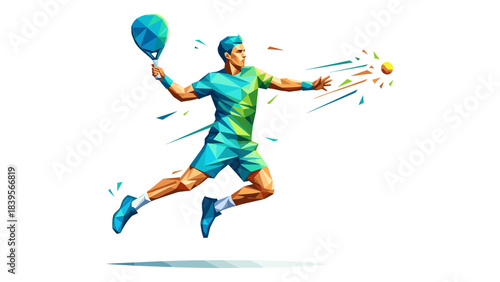 Abstract tennis player hitting a ball with a racket, geometric illustration
