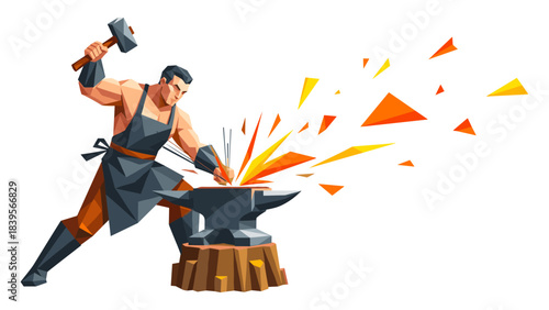 Blacksmith forging metal on an anvil with hammer and sparks