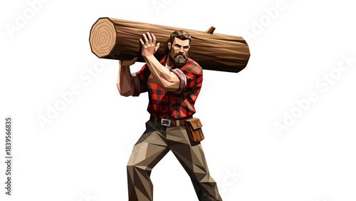 Strong lumberjack carrying a large log on his shoulders against a white background
