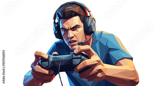Gamer focused on playing video games with a controller and headset