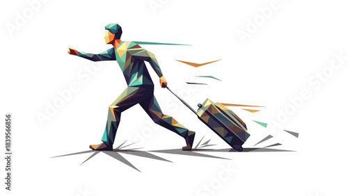 Abstract illustration of a person running with luggage, ready for travel