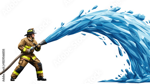Firefighter aiming water stream, low poly illustration on white background