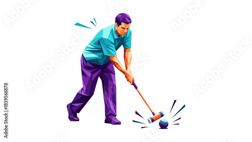Colorful illustration of a man playing croquet on a white background