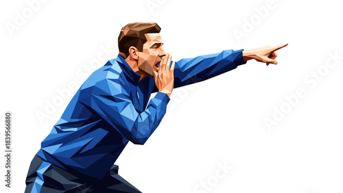 Geometric illustration of a coach giving instructions with a pointing gesture