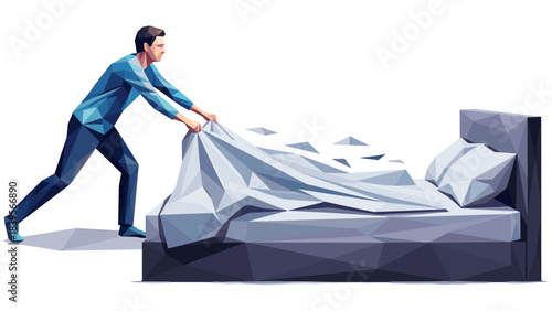 Man making bed in low poly style, vector illustration on white background