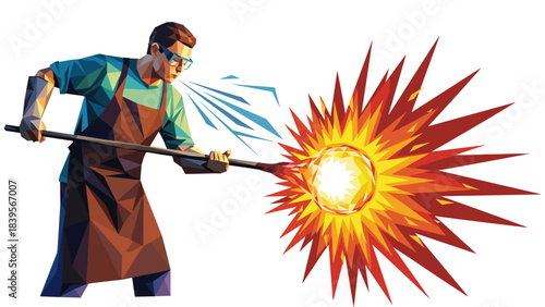 Glassblower creating molten glass art with fire and tools, vector illustration