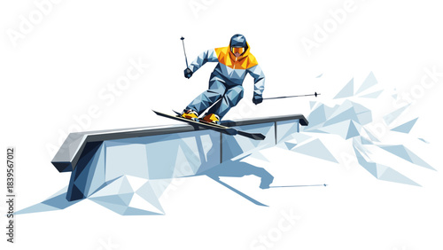Geometric illustration of a skier performing a rail slide on a snowy slope