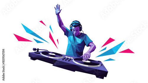 Abstract illustration of a DJ performing with turntables and headphones