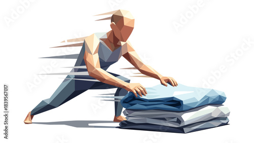 Abstract illustration of a person folding laundry with speed lines