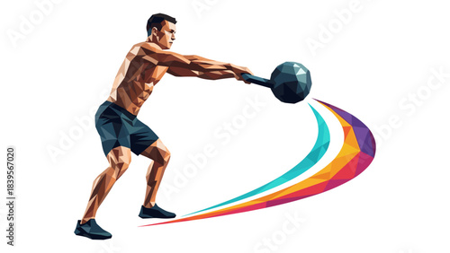 Abstract illustration of a man working out with a kettlebell in a low poly style