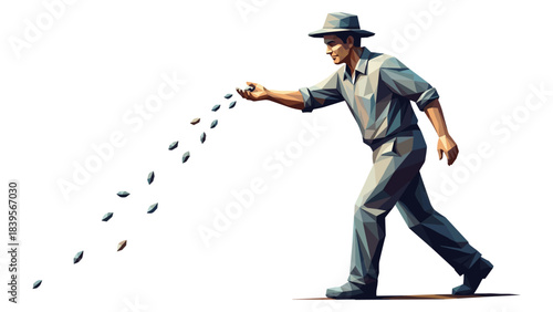 Farmer sowing seeds in a field, low poly illustration on a white background