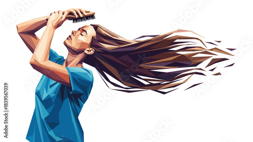 Woman brushing hair in geometric low poly style on a white background