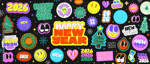 Cool Happy New Year Funky Stickers Collage. Groovy Patches Merry Chrismtas Pattern.