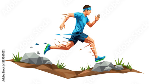 Geometric illustration of a trail runner jumping over rocks on a white background
