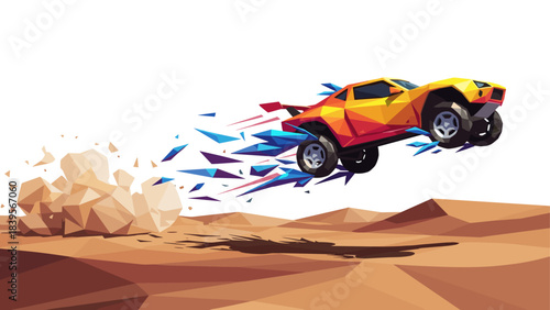 Abstract geometric illustration of a rally car jumping over desert terrain